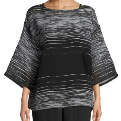 Eileen Fisher Half-Sleeve Illusion Mesh Top Linen Blend Women Black Silver Small - Image 1 of 4