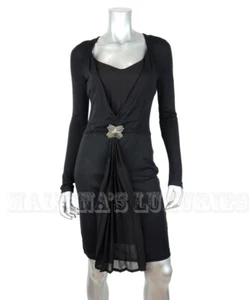 JUST CAVALLI BY ROBERTO CAVALLI DRESS BLACK WOOL BLEND PLEAT SKIRT DETAIL SMALL - Picture 1 of 7
