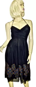 NWOT MAGGIE LONDON COCKTAIL DRESS 8 Black w Turquoise Beaded & Embroidered Skirt - Picture 1 of 13