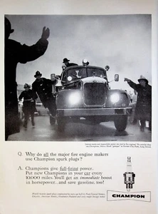 1958 Champion Spark Plug Print Ad Firemen Instant Starts Dependable Power Vital - Picture 1 of 1
