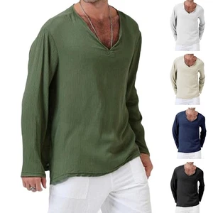 Breathable Cotton Tees Long Sleeve V-neck Shirts Casual Outings Casual Wear - Picture 1 of 20