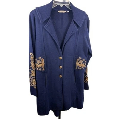 Cárdigan largo bordado dorado azul marino Soft Surroundings chaqueta suéter talla pequeña Foto 1 de 4