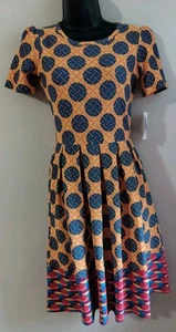 NWT LuLaRoe AMELIA Dress Sz XS YELLOW BLUE GEOMETRIC Dots - Picture 1 of 6