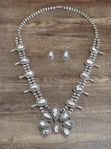 Native American Sterling Silver & White Buffalo Turquoise Squash Blossom Set by  - Picture 1 of 13