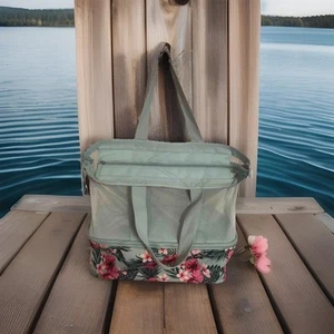 Tote Bag Tropical Beach Green Net Upper/Floral Zipper Lower 15” Tall 16” Wide - Picture 1 of 11