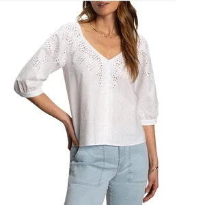 Top Sanctuary Fallen Blooms occhiello scollo a V manica 3/4 bianco lino cotone piccolo - Foto 1 di 5