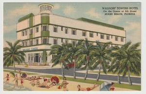 Postal vintage de lino Art Deco Waldorf Towers Hotel Miami Beach Florida - Imagen 1 de 2