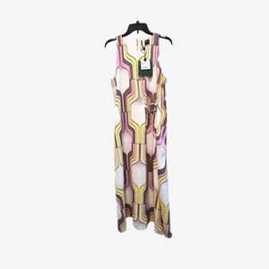 NEW Marella Dress 14 $595 Art 365 Score Maxi Pink Ivory Yellow Taupe Mod Retro - Picture 1 of 12