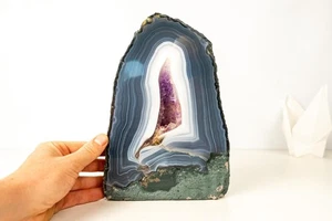 AAA-Grade Blue & White Lace Agate Geode with Amethyst Druzy, 12.2 Lb, Natural - Picture 1 of 10