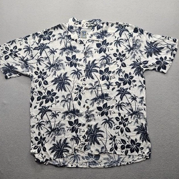 Camisa hawaiana Ocean Current para hombre talla XL blanca negra flores de palmera Foto 1 de 4