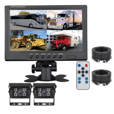 9" QUAD SPLIT MONITOR SCREEN REAR VIEW BACKUP CCD CAMERA SYSTEM FOR BUS TRUCK RV - Image 1 of 4
