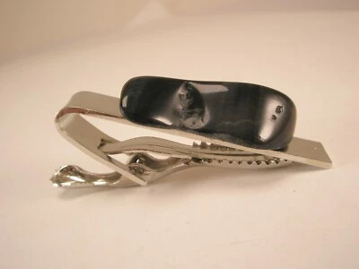 1-5/8" Black Stone & Silver Tone Vintage SMALL Tie Bar Clip - Image 1 of 4