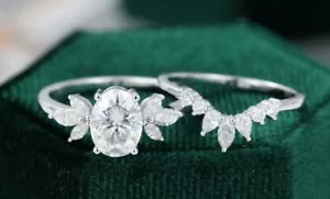 Anello Set Sposa Donna Ovale Moissanite 3,00 Ct Placcato Oro Bianco 14K - Foto 1 di 8