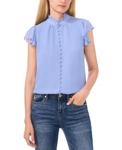 CeCe Women's Scalloped Flutter-Sleeve Button-Down Blouse Blue Blossom Size Small - Picture 1 of 4