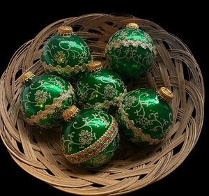 Navidad Por Krebs Vintage Vidrio Verde 6 Adornos Redondos Trenzados Ver Fotos - Imagen 1 de 15