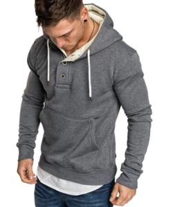 Herren Fleece Guard Mantel Kapuze Knöpfe Ausschnitt Freizeit Sport Hoodie weich - Bild 1 von 8