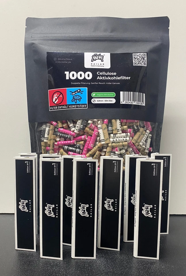 Kailar - Cellulose Slim Aktivkohlefilter ø 6mm - 1000 Stück Mix + 10x Blättchen - Bild 1 von 1
