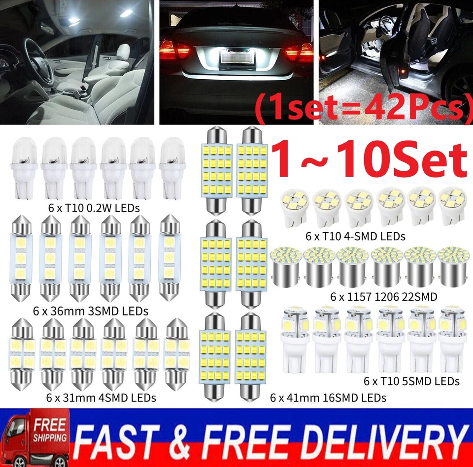 42 PIEZAS Combo Interior Coche LED Mapa Domo Puerta Baúl Matrícula Bombillas Blanco Foto 1 de 4