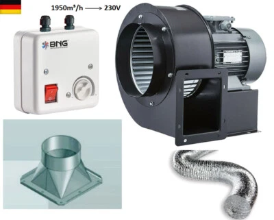 Radialgebläse Ventilator 1950m³+ Drehzahlregler + 4-eck Flansch +5m Aluflexrohr