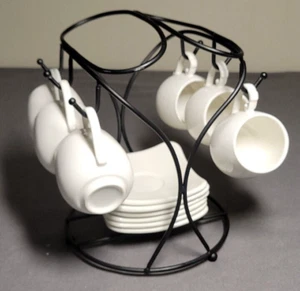 Espresso Cups with Saucers 6 Porcelain Cups and Metal Stand and 5 Spoons - Picture 1 of 16