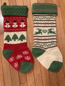 Set of 2  Knitted Christmas Stockings Snowmen Reindeer - Picture 1 of 4