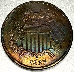 1867 Two Cent Piece AU+ About Uncirculated UNC MS Sharp Motto 2c-Type Coin ST989 - Picture 1 of 2