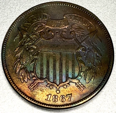 1867 Two Cent Piece AU+ About Uncirculated UNC MS Sharp Motto 2c-Type Coin ST989 - Image 1 of 2