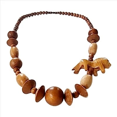 部落雕刻狮子非洲野生动物园厚木大坚果珠项链复古 — 第 1/4 张图片