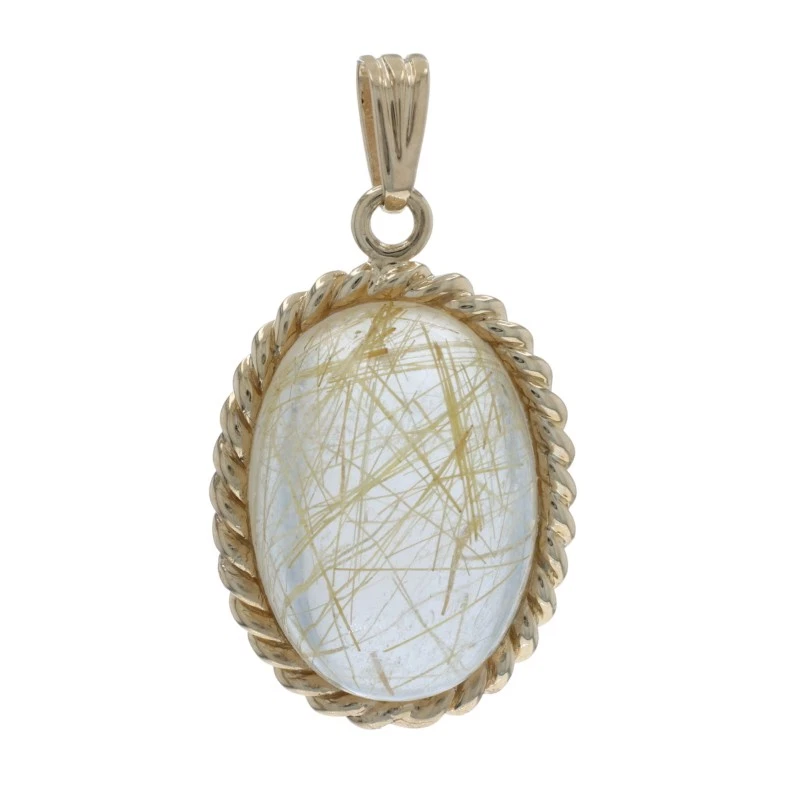 Pendentif Solitaire En Quartz Rutilé En Or Jaune - Cabochon Ovale 14k 11,90ct - Photo 1/4