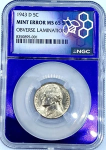 1943-D Jefferson Silver War Nickel 5C Mint Error Obverse Lamination NGC MS65 5FS - Picture 1 of 2