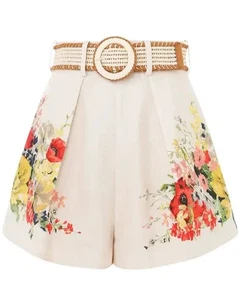 Zimmermann Alight Tuck Ivory Floral Linen Belted Shorts Size US 0 No Belt - Picture 1 of 9