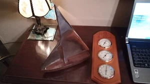 Nautical Lot Aluminum Sailboat on Wooden Stand/ Therm. Barm. Humidity Hanging - Picture 1 of 4