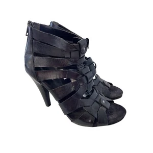 Nine West Aspireo Caged Gladiator Heeled Sandals Women 7.5 Black Leather Stylish - Picture 1 of 8