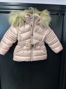 Michael Kors Sz 2T Pink Puffer Winter Coat Faux Fur Removable Hood Quilted - Picture 1 of 15