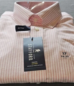 Stafford Mens dress Shirt 17 34/35 Fitted Tailored Culture CORAL PENCIL STRIPE - Picture 1 of 11