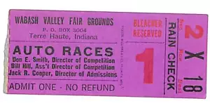 Wabash Valley Fair Grounds Terre Haute Autorennen Ticket Stub Rennen um 1960 - Bild 1 von 2