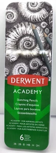 Derwent Academy 6 Sketching Pencils with Degrees of Hardness (3B-2H) + Metal Tin - Picture 1 of 1