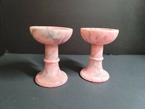 Pair VTG Pink Marble Stone Candlestick Holders - Pink Marble 4.5"