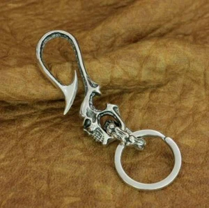 925 Sterling Silver Skull Fish Hook KeyRing Biker Accessory with Belt Clip TA206 - Picture 1 of 12