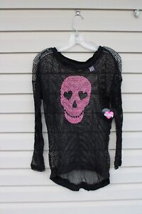 NWT Goth Long Sleeve Fishnet Sheer Pink Skull Mesh Top Punk Shirt Blouse 15/17