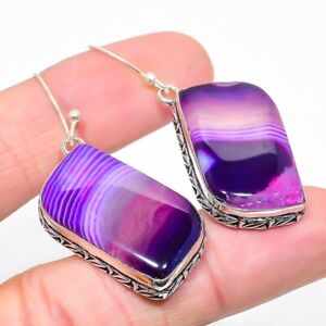 Natural Unique Pink Lace Agate Gemstone 925 Sterling Silver Earring 2.09" t887