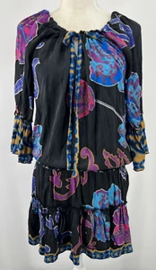 Hale Bob Dress Womens Small Black Floral Silk Drop Waist On/Off Shoulder Artsy - Picture 1 of 7