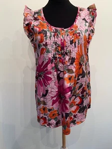 0039 Italy Damen Seiden Baumwolle Blumen Top Pink rosa orange Bluse ohne Arm XS - Bild 1 von 7