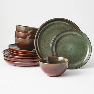 Stoneware Dinnerware Set Service for 4, 12 pcs Reactive Glaze Plates & Bowl - Picture 1 of 7
