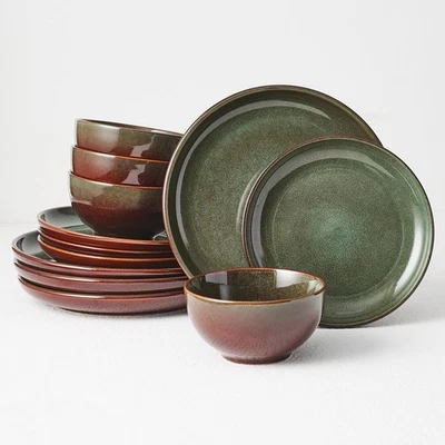 Stoneware Dinnerware Set Service for 4, 12 pcs Reactive Glaze Plates & Bowl - Image 1 of 4