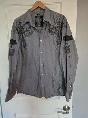 ROAR Bling Crosses Mens Button Up LS Shirt Blue/gray Stripes - Image 1 of 4