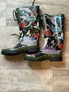 Bunte wasserdichte Damen-Gummi-Regenstiefel mit Peace- & Blumenmuster Größe 10 - Bild 1 von 8