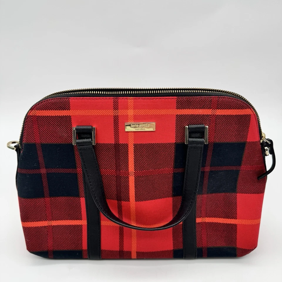 Bolso de Mano Kate Spade NY Rojo a Cuadros para Laptop - Borde de Cuero Negro Foto 1 de 4