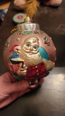 Coca Cola Blown Glass Christmas Ornament Santa With Elves Lrg Globe Ltd Ed Retro - Image 1 of 4