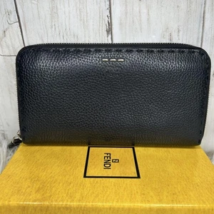 Used FENDI Leather Long Wallet Selleria Black Logo Round Zip Wallet Authentic JP - Picture 1 of 20